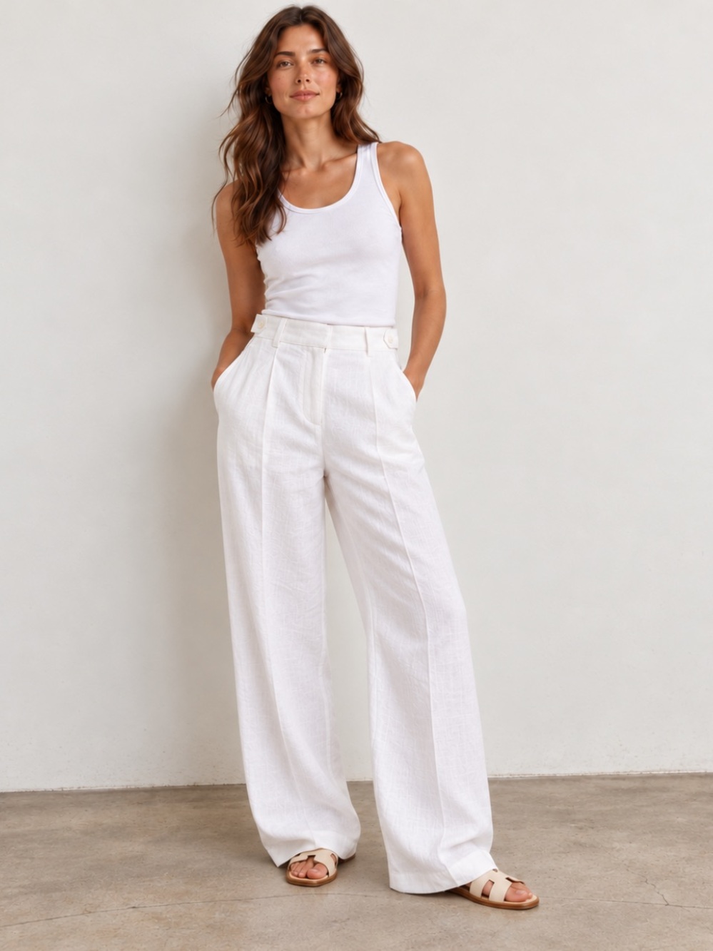 Almina Concept White 85% Linen Wide Leg Pants Adjustable Waist M